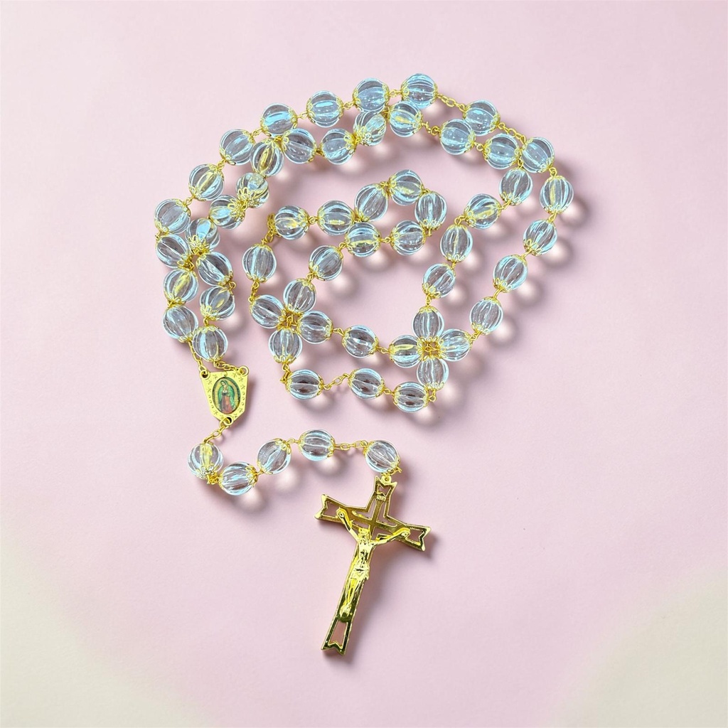 Pink Crystal Rosary Necklace with Holy Mary